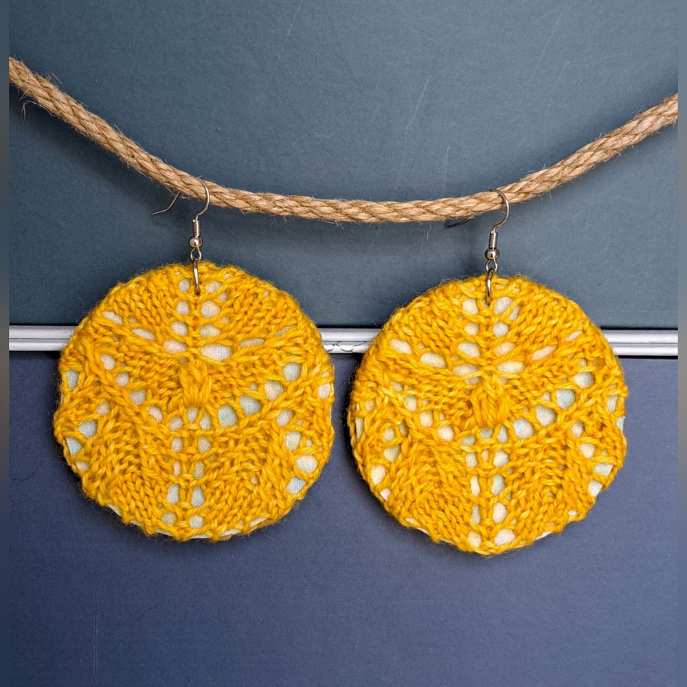 Knit Earrings Lace Yellow Hand Dyed Yarn Floral Cotton